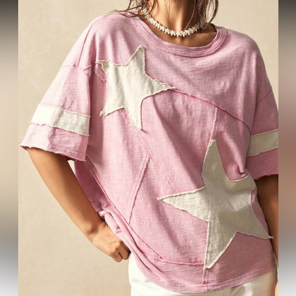 Pink Star Patchwork T-Shirt top short sleeve stripe